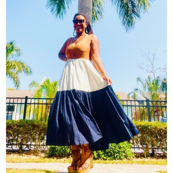Anthropologie En Saison V-Neck Colorblock Maxi Dress Brown White Navy Medium - Picture 5 of 15